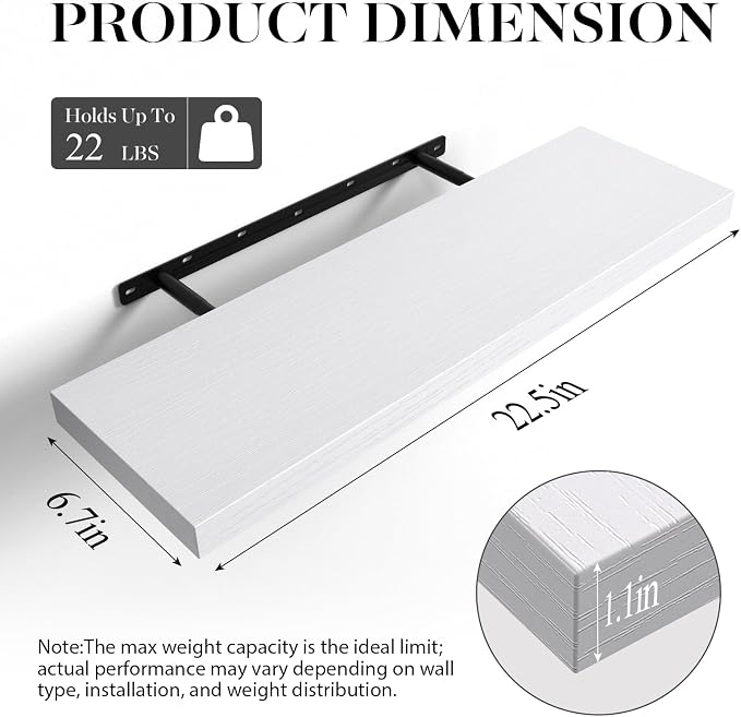 BAYKA Floating Shelves White, 22.5 inch Rustic Wood Wall Mounted Shelves for Bathroom, Bedroom, Living Room, Kitchen & Office, Hanging Shelf Deocr Display with 22 lbs Capacity, Set of 2 - Image 3