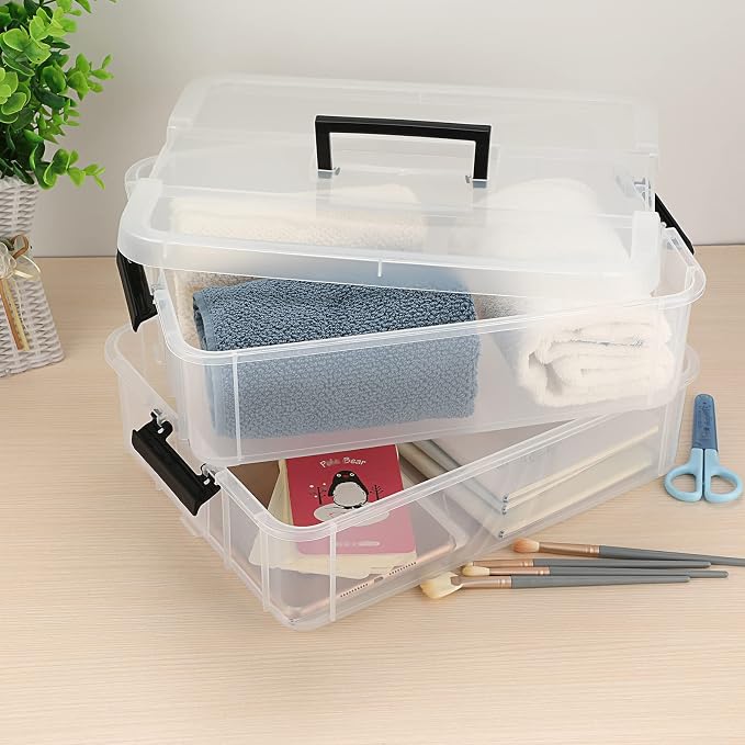 JUXYES 2-Tiers Stack Carry Storage Box With Handle, Transparent Stackable Storage Bin With Handle Lid Latching Storage Container for School & Office Supplies - Image 8