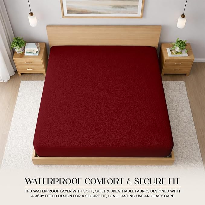 SGI bedding Waterproof 78X80 King Mattress Protector – 15" Deep Pocket, Soft Noiseless & Breathable Fitted Style Bed Cover, Skin- Friendly Protection Against Moisture, Spills & Stains – Burgundy