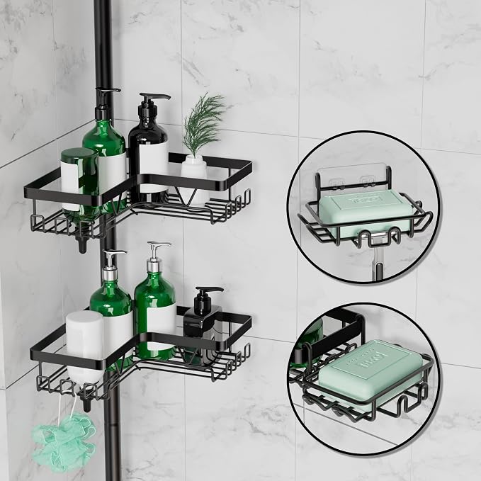 DAOYA Tension Pole Shower Caddy, 4-Tier Stainless Steel Shower Organizer with 2 Removable Soap Holders, 25 to 114.2 Inches, for Bathtub/Bathroom Corner, Renters Friendly, Black - Image 2