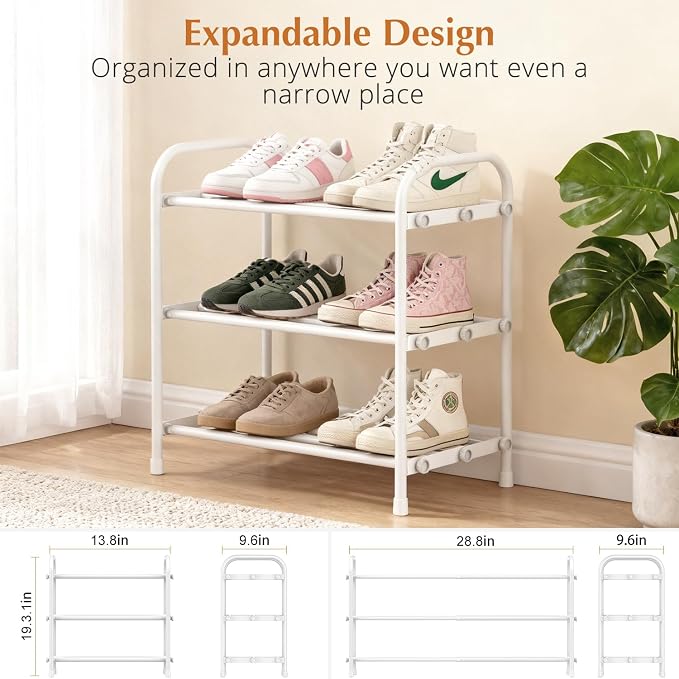 INSMART 3-Tier Expandable Shoe Rack, Stackable and Adjustable Shoes Organizer Storage Shelf, Sturdy and Durable Metal Structure Free Standing Shoe Rack for Closet Entryway Doorway, White - Image 3