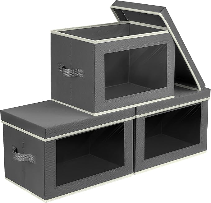 Homsorout Storage Boxes with Lids - 3 Pack Fabric Clear Window Storage Bins, Collapsible Storage Bins with Lids, Linen Closet Organizer for Clothes, Towel, Blanket, Dark Grey by Homsorout