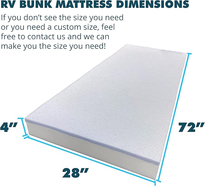 Foamma 4" x 28" x 72" Gel Memory Foam RV Bunk Mattress Replacement, Medium Firm, Pressure Relieving, Cooling Premium Comfort, USA Made, No Cover