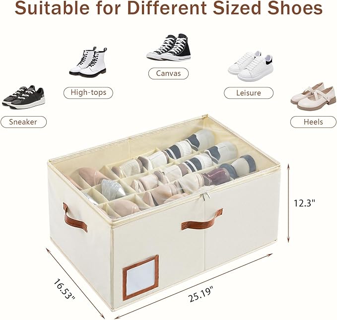 INSTY Shoe Organizer for Closet Fit 24 Pairs, Large Foldable Shoe Storage Containers Box Bin w/Adjustable Dividers and Clear Cover, Space Saving Shoe Storage Organizer Box, Beige - Image 2