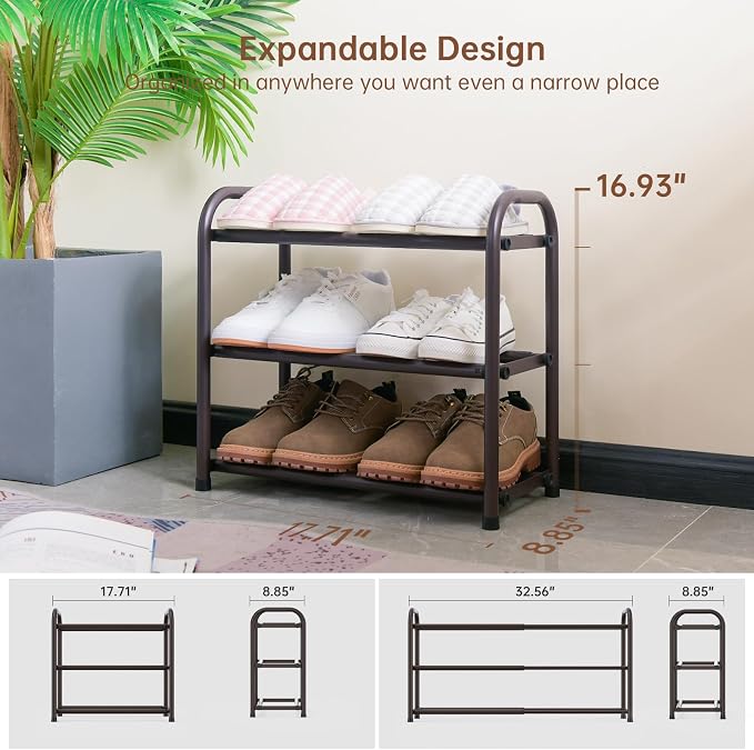 Gonfoam 3-Tier Expandable Shoe Rack,Adjustable Shoe Shelf Storage Organizer Heavy Duty Metal Free Standing Shoe Rack for Entryway Closet Doorway (Bronze) - Image 4