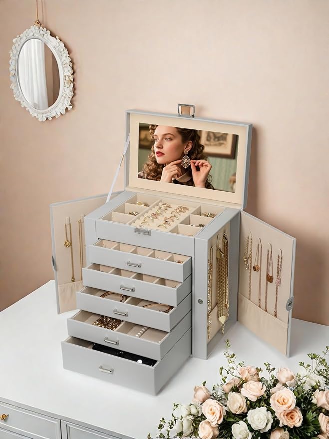 BOOVO Jewelry Box For women, 6 Layer Large Jewelry Organizer With Mirror, Multi-Function Storage Box With Lock, Necklace Holder With 5 Drawers, For Earrings Necklace Bracelet (Silver and Grey) - Image 7