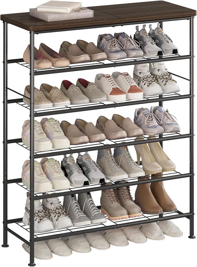 SUOERNUO Shoe Rack Organizer 6 Tier for Closet Entryway Free Standing Metal Storage Shoe Shelf with MDF Top Board，Black by SUOERNUO