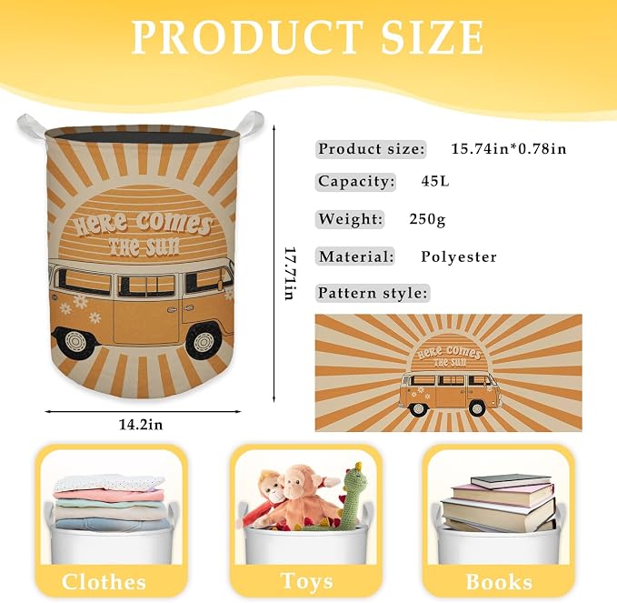 Here Comes the Sun Laundry Basket, 70s Retro Boho Sunshine Waterproof Collapsible Laundry Hamper Dirty Clothes Storage Toy Bin Organizer for Bathroom Bedroom Nursery Kids Room - Image 7