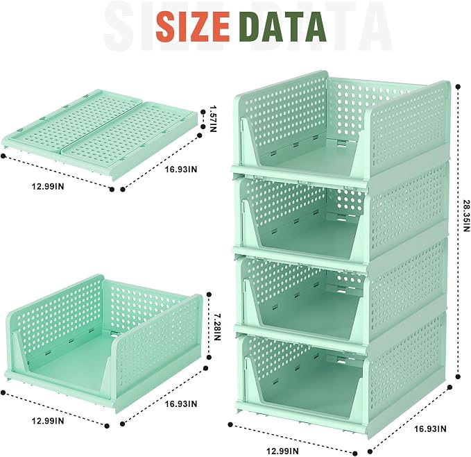 Closet Organizer, 4 Pack Stackable Storage Bins for Closet Shelves, Plastic Storage Drawers Basket Weekly Clothes Organizer for Kids(4L)（Green） - Image 2