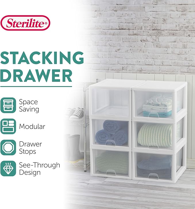 Sterilite 4-Pack Stacking Drawer, Clear Storage Organizer Containers, 27 Quart, White Frame - Stackable and Modular Plastic Drawers for Shoes, Clothes, Accessories, Supplies, Bedding, and Linens - Image 4