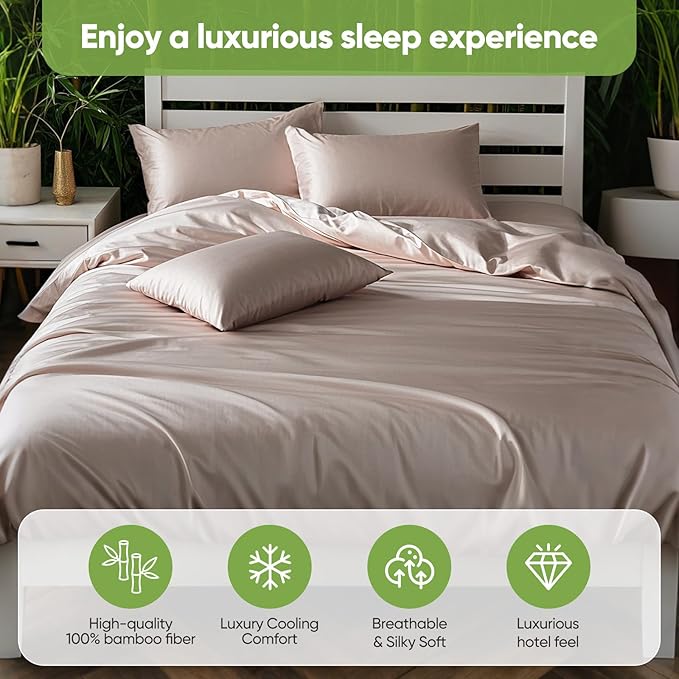 TWK Luxury Sheet Set, Genuine 100% Organic Viscose Derived from Bamboo, Cooling & Breathable, Silky Soft, Bedding Sheets & Pillowcases (Sand, California King(72 * 84 * 18inch))