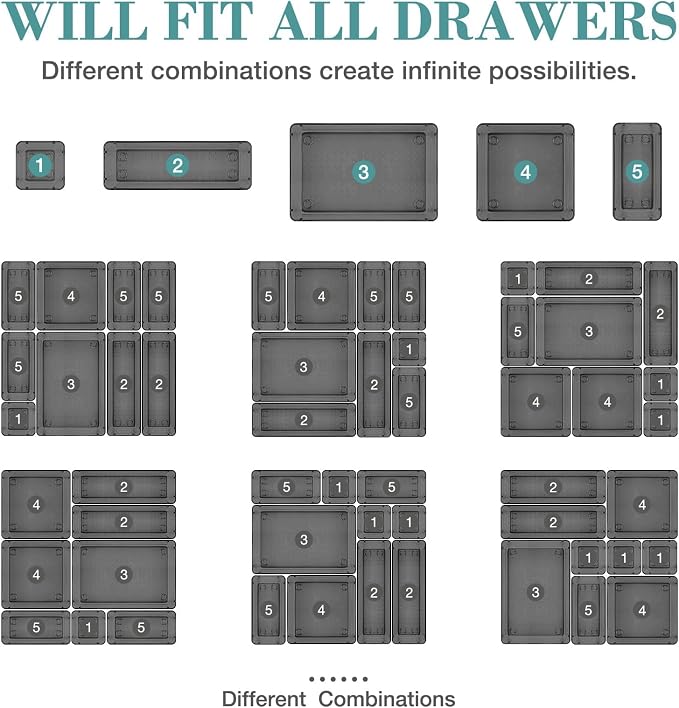 StorMiracle 13 PCS Drawer Organizer Set, 5 Varied Size Bathroom and kitchen Drawer cabinet organizer Trays, Clear Storage Bins for Makeup, Jewelry, Utensils and Gadgets, Black - Image 4