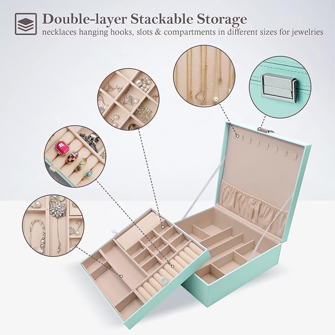 ProCase Jewelry Box for Women, 2 Layers Large Leather Jewelry Organizer Storage Case with Removable Pad for Earrings -Mint - Image 2