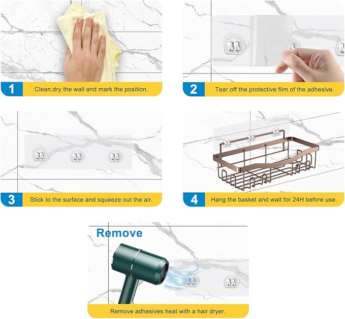Youvip Adhesive Shower Caddy, No Drilling Bath Organizers 5 Pack, Rustproof Shelves with Soap Holder & Toothbrush Holder, Bathroom Organizers and Storage, Bronze - Image 9