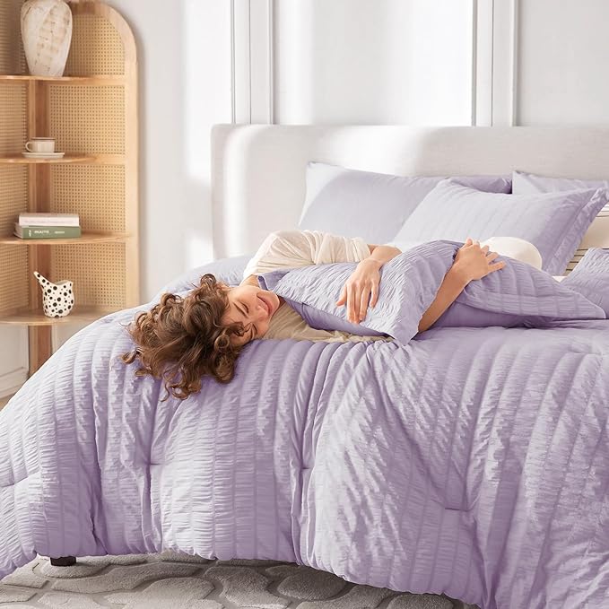 MUXHOMO 5 Pieces Twin XL Comforter Set, Seersucker Bed in a Bag Twin XL Size, All Season Luxury Bedding Set with Comforter, Flat Sheet, Fitted Sheet, Pillowcase & Sham, Lavender