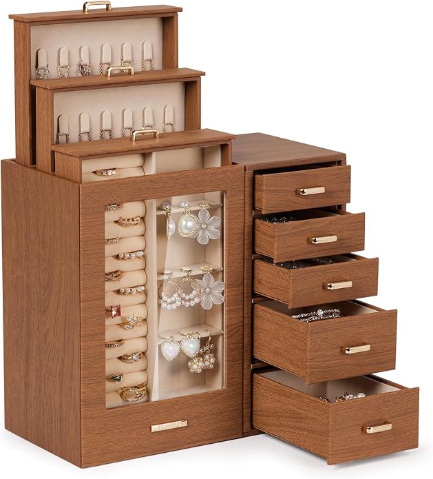 Homde Large Jewelry Box/Organizer/Case with Glass Window, Drawers for Necklaces Earrings Rings Bracelets Watches Gift for Women Girls by Homde