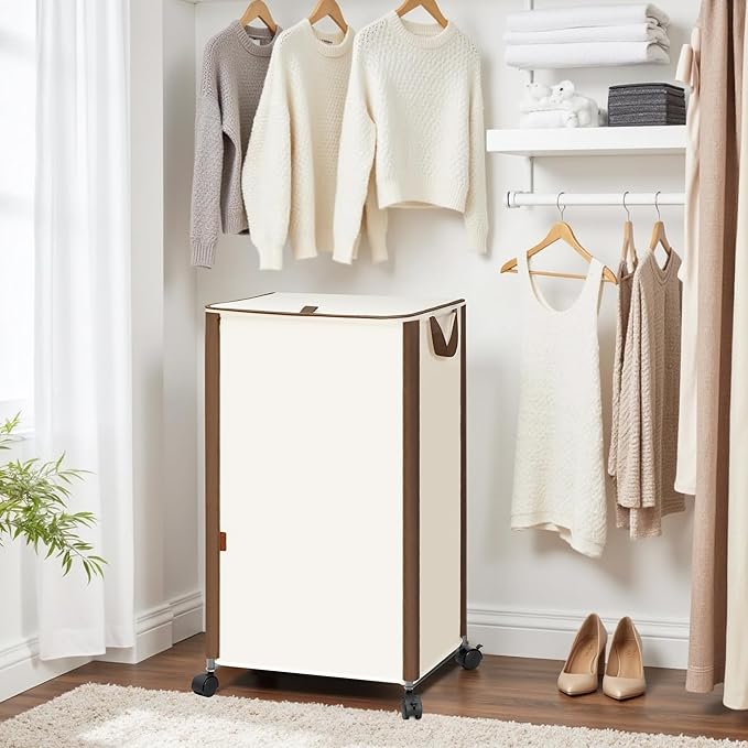 STORAGE MANIAC Rolling Laundry Hamper with Lid, 23.7 Gal (90 L) Large Tall Laundry Basket with Wheels & Handles, Aesthetic Dirty Clothes Hamper for Small Space, Dorm, Apartment, College, Beige - Image 6