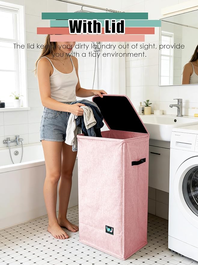 WTREE Laundry Hamper with Lid, Reinforced Sturdy Clothes Hamper with Anti-Puncture Base, Large Collapsible Laundry Basket with Removable Liner Bag, Tall Dirty Clothes Bin for Family, 100L Pink - Image 2