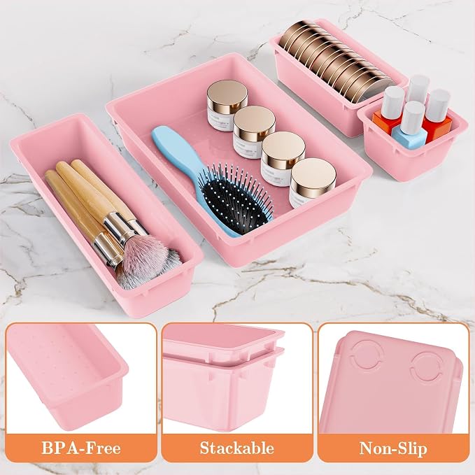 SpaceHacks 25 PCS Plastic Drawer Organizer Set, 4-Size Versatile Organizer Trays & Storage Bins for Makeup, Jewelry, and Gadgets in Bathroom, Bedroom and Office, Pink - Image 3