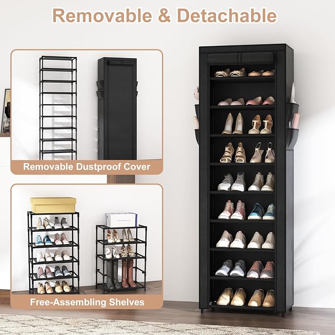 VILICK Shoe Rack with Cover Narrow Shoe Organizer with 4 Side Pockets 10 Tier Tall Shoe Storage Holds 18-22 Pairs Shoes and Boots Shoe Rack for Closet Entryway Garage - Image 6