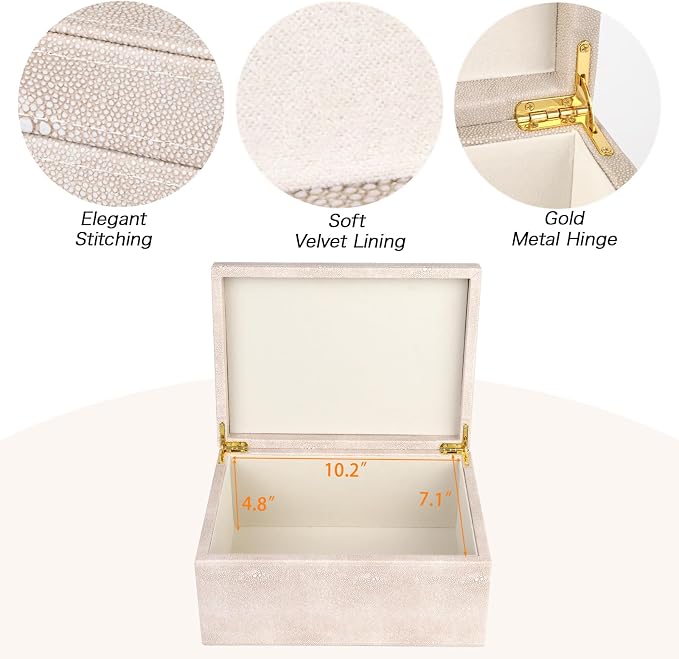 HofferRuffer Faux Leather Decorative Box, Large Wooden Structure Keepsake Box Accessory Organizer Jewelry Organizer with Hinged Lid, Storage Container for Home or Office (LightGrey Shagreen) - Image 3