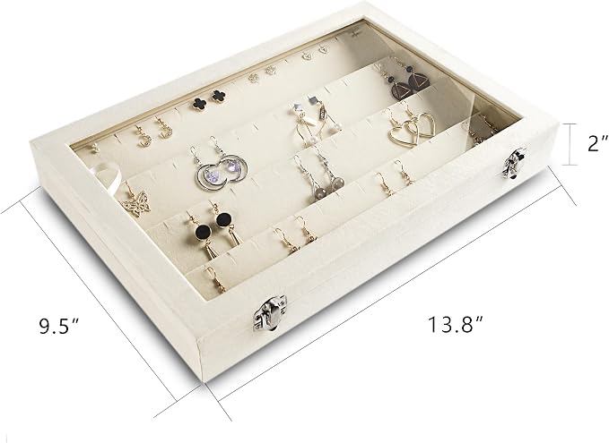 Frebeauty Earring Organizer Tray with Clear Lid 64 Slots Velvet Drawer Insert Earring Storage box with Transparent Glass lid Jewelry Display Case Store Showcase Gifts for Women(Beige, Earrings) - Image 2