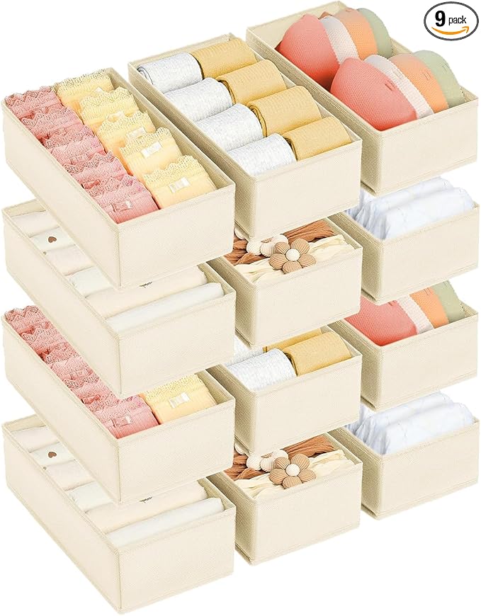 DIMJ Drawer Organizer Clothes - Underwear Organizer Small Sock Organizer Closet Organizers and Storage Box Dresser Drawer Dividers for Baby Clothes,Bra,Socks, Belt, Tie, Set of 12, Beige by DiMJ