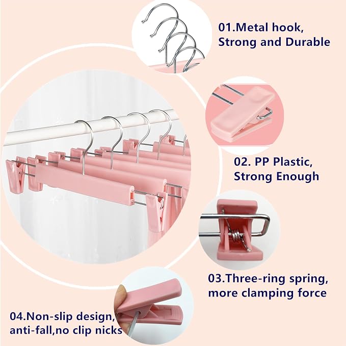 Skirt Hangers 20 Pack, Pants Hangers with Clips，360 ° Swivel Hook Space Saving Hangersfor Pants, Skirts, Clothes, Jeans，Pink - Image 4