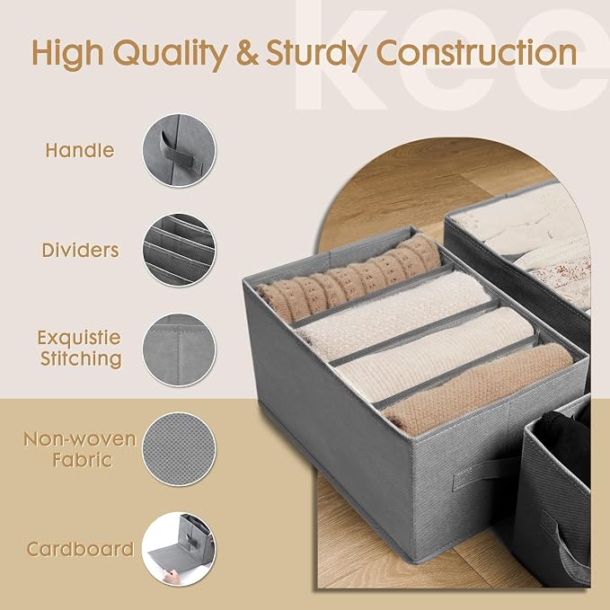 Criusia 6 Pack Large Clothes Organizer, Wardrobe Closet Organizer and Storage with Handles, Foldable Fabric Closet Organizers Dividers for Clothing, Pants, Jeans, Sweater, T-shirts, Grey - Image 4