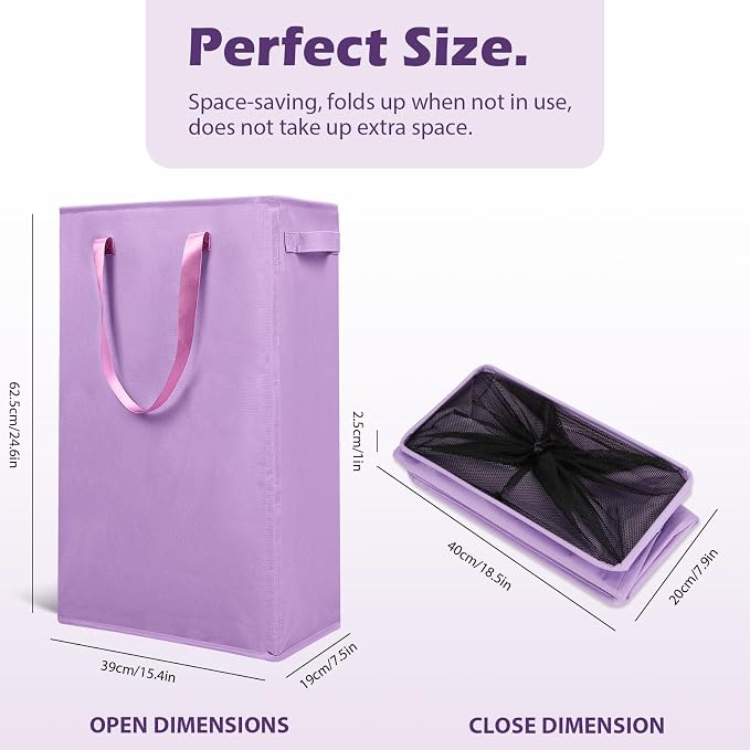 Odonata Slim Laundry Hamper Handles Collapsible Laundry Basket Thin Dirty Clothes Basket Narrow Laundry Bag Foldable Dirty Hamper 45L (Light Purple) - Image 2