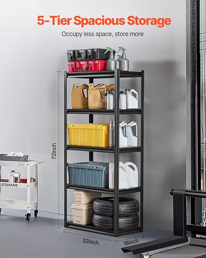 VEVOR Storage Shelves, 2000 lbs, 5 Tier Garage Storage Shelving, 18" D x 32" W x 72" H Adjustable Metal Shelves for Garage Shelves Utility Rack Shelf, Ideal for Kitchen, Warehouse, Basement, Black - Image 3