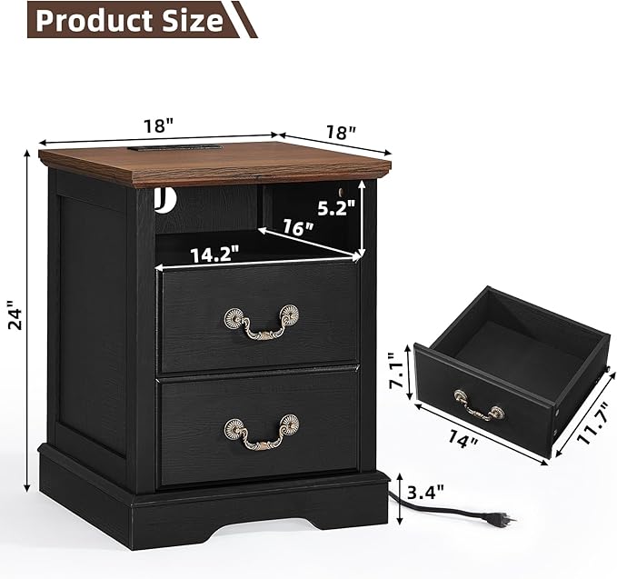 Farmhouse Dressers & Night Stand,54" Wide 7 Drawer Dresser & 45" Tall Chest of Drawers, 18" Wide 2 Drawers End Table with Charging Station,Furniture Dresser Sets for Home