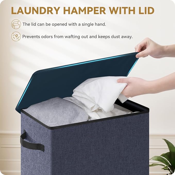 SOLEDI Slim Laundry Hamper with Lid, Narrow Laundry Basket with Removable Bags, Dirty Clothes Hamper with handle, Small Hamper perfect for Laundry room, Bathroom, Bedroom, Small spaces. 70L Navy Blue - Image 3