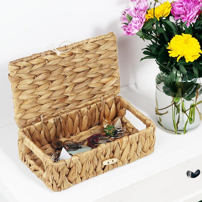Small Basket with Lid, Wicker Storage Basket for Organizing, Rectangular Woven Basket for Storage, Water Hyacinth Decorative Boxes Bins with Lids (9" x 5.1" x 3") - Image 6