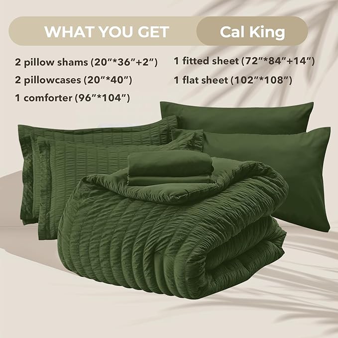 HYMOKEGE Olive Green California King Comforter Set Seersucker 7 Pieces, All Season Luxury Bed in a Bag for Bedroom, Bedding Set with Comforter, Sheets, Pillowcases & Shams