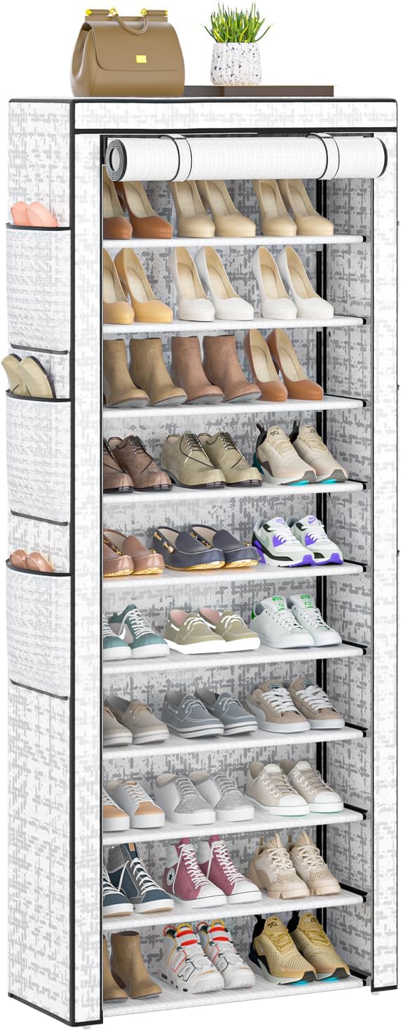 OYREL Shoes Rack 10 Tier Tall Shoe Rack with Storage Pockets, Fabric Covered Shoe Racks,Metal Shoes Rack Organizer for Closets,Bedroom, Garage by OYREL