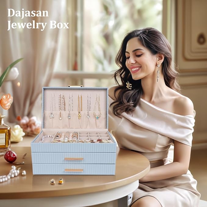 Dajasan Jewelry Box Organizer, 3-Tier Jewelry Storage with 2 Drawers, Large Jewelry Boxes for Women, PU Leather Surface with Texture, Gift Idea, Modern Style, 10.71 x 7 x 5.6 Inches (Smoky Blue) - Image 6