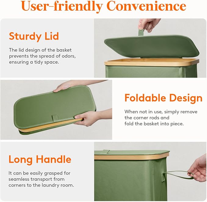Lifewit 65L Slim Laundry Hamper with Lid, Narrow Laundry Basket with Removable Bag & Bamboo Handles, Fodable Thin Dirty Clothes Hamper for Laundry Collapsible Bin for Bathroom Bedroom Dorm, Green - Image 5