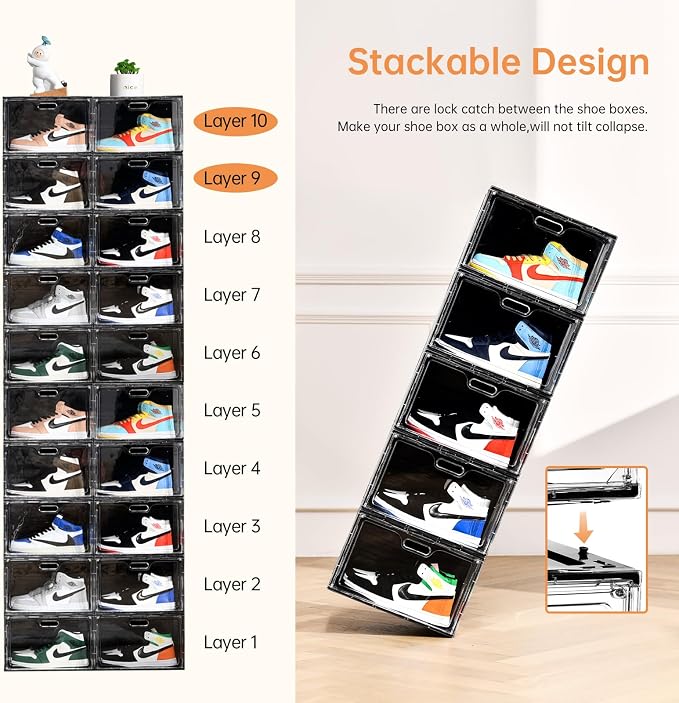 Amllas New 8 Pack Shoe Boxes Stackable, Large Shoe Storage Organizer with Lids,Drop Side Shoe Containers for Entryway,Sneaker Storage Fit up to US Size 13 for Men/Women(13’’x 10.6”x 8.3”) - Image 6