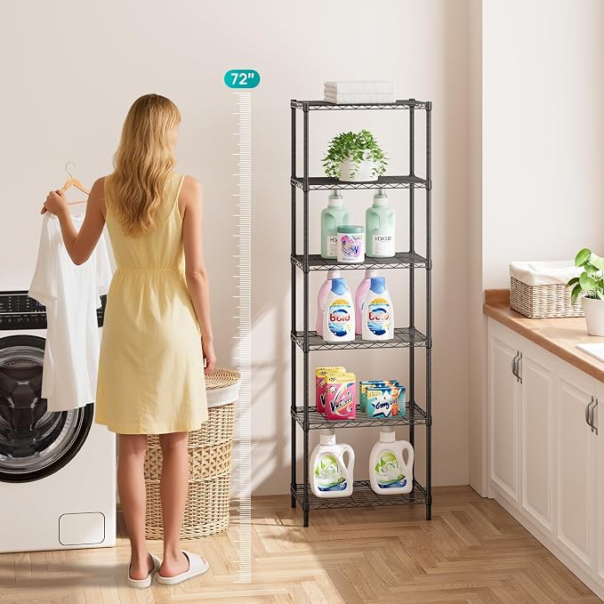SINGAYE 6 Tier Adjustable Storage Shelf Wire Shelving Unit Metal Shelves Standing Closet Bathroom Organizers Pantry Kitchen Garage Laundry Room Organization Home Rack 12" D X 22" W X 69.5" H Black - Image 7
