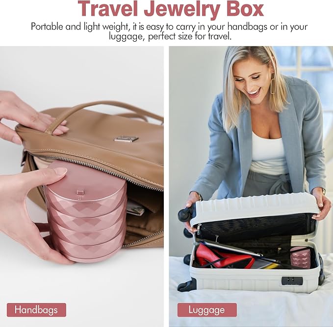 CONBOLA Travel Jewelry Case Box, Small Jewelry Organizer Earring Holder for Women, 5-Layer Rotating Jewelry Storage Tray with Lid for Bracelets Rings Bracelets - Image 6