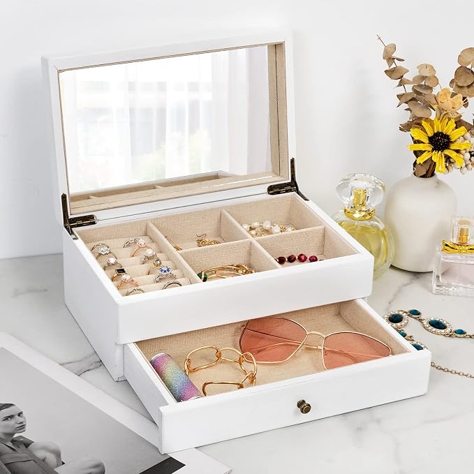 Meangood Jewelry Box Organizer for Women, 2 Layer Large Jewelry Storage Case, Rustic Wooden Jewelry Box with Mirror & Ring Tray for Necklace Earring Bracelets Rings, Vintage Style (White) by Meangood