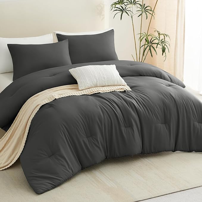 CozyLux California King Comforter Set Dark Grey, 3 Pieces Cal King Solid Breathable Bedding Set All Seasons, Dark Gray Luxury Soft Lightweight Bed Set with Down Alternative Comforter and 2 Pillowcases