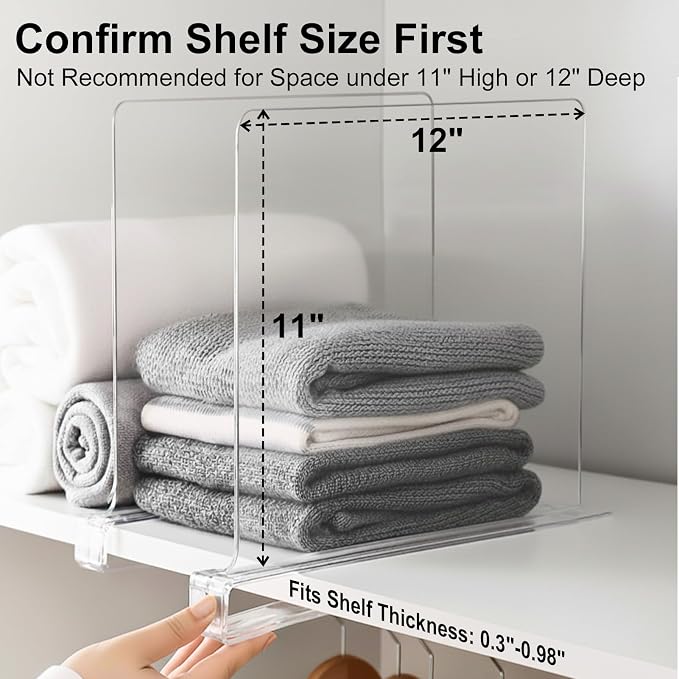 SortNStore Shelf Dividers Purse Organizer for Closet: 11-inch Tall(Extra Tall) Acrylic Sweater Organizer - Upgraded Extra Height for Large Handbags, Totes, Clothes, Towels on Wood Shelves 10-Pack - Image 3
