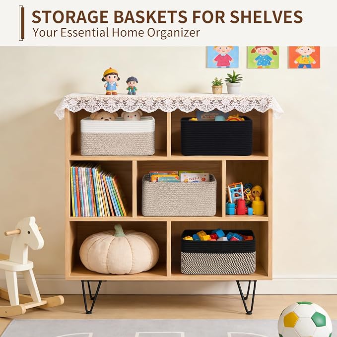 Goodpick 4 Pack Storage Baskets for Shelves, Rectangle Cotton Rope Baskets for Organizing, Closet Storage Bins for Baby Toys, Decorative Woven Basket with Handles, 13''L x 8''W x 6''H, Black - Image 2