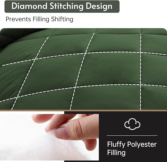 MUXHOMO 7 Pieces Queen Comforter Set, Reversible Bed in a Bag Queen Size, All Season Bedding Set with Comforter, Flat Sheet, Fitted Sheet, Pillowcases & Shams, Dark Green & Light Green