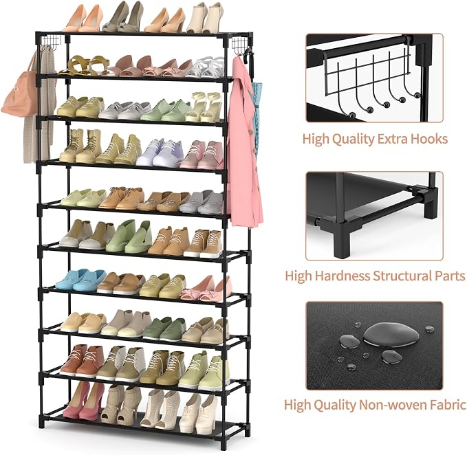 LANTEFUL 10 Tiers Shoe Rack 50 Pairs Large Capacity Tall Shoe Organizer Sturdy Shoe Storage with Two Hooks Space Saving Metal Wide Shoe Rack for Closet, Entryway, Bedroom, Black - Image 4
