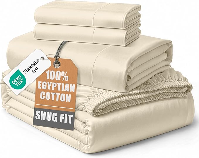 100% Egyptian Cotton Queen Size Bed Sheet set - Naturally Breathable & Durable Winter Comfort Queen Bed Sheets Set, Ultra-Soft Hotel Luxury Comfort with 15" Deep Pocket, Silky Sateen Weave - Ivory