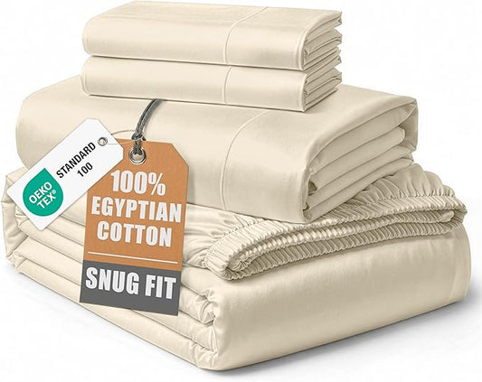 100% Egyptian Cotton King Size Sheets Set – Silky Sateen Weave for Warm Winter Comfort, Ultra Soft & Durable Christmas Sheets King Size, Snug Fit 15" Deep Pocket, Luxury Hotel Comfort at Home - Ivory