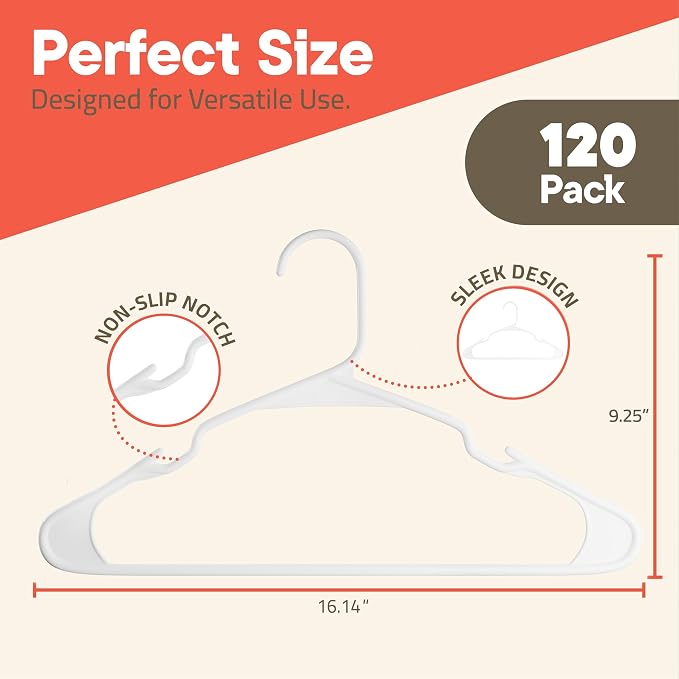 White Plastic Hangers 120 Pack– Heavy-Duty Plastic Hangers Slim and Space-Saving, Durable and Lightweight PP with Non-Slip Shoulder Notches for Slip Dresses, Suits, Jackets & Camisoles - Image 2